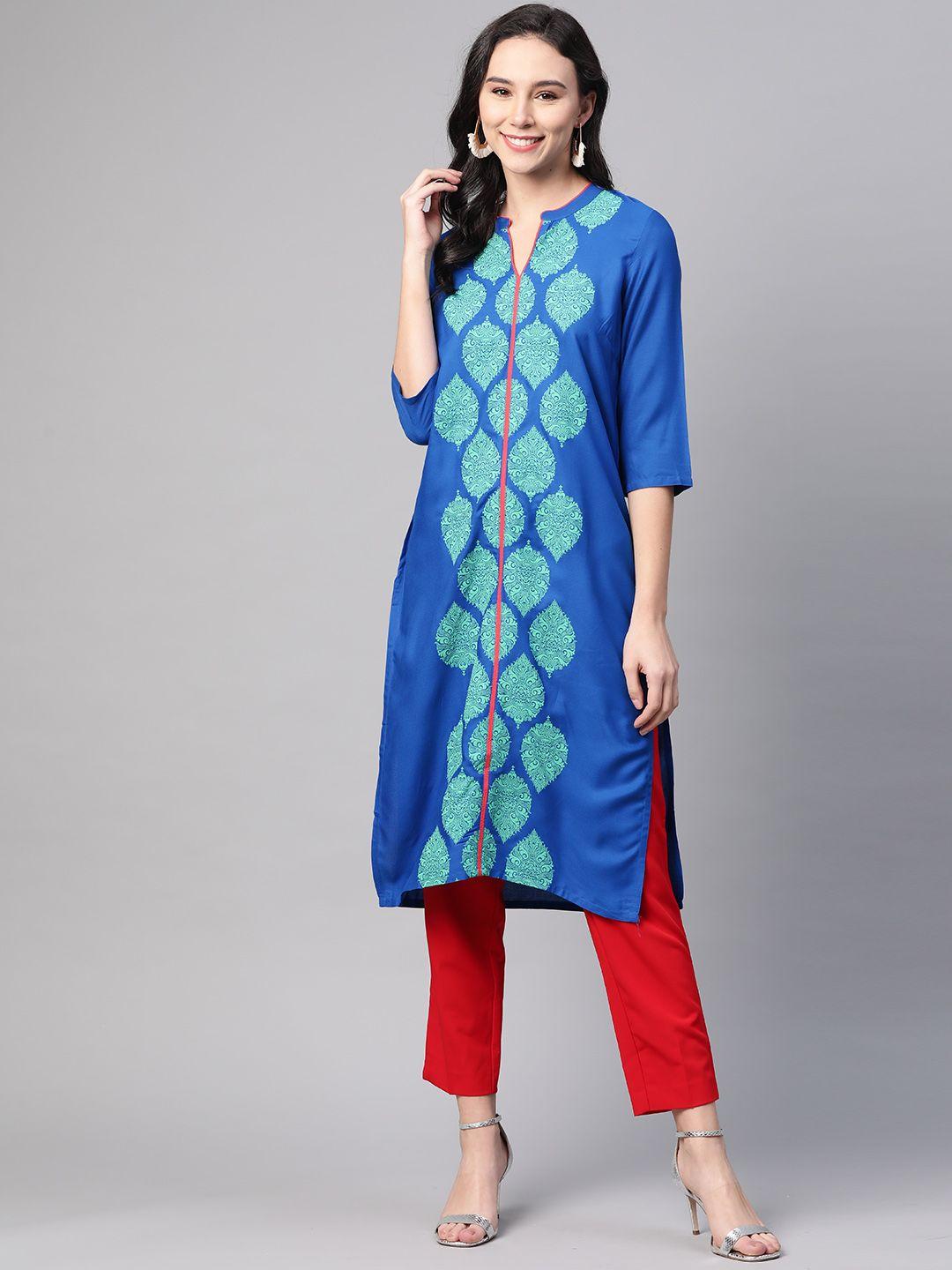 w women blue & green printed straight kurta