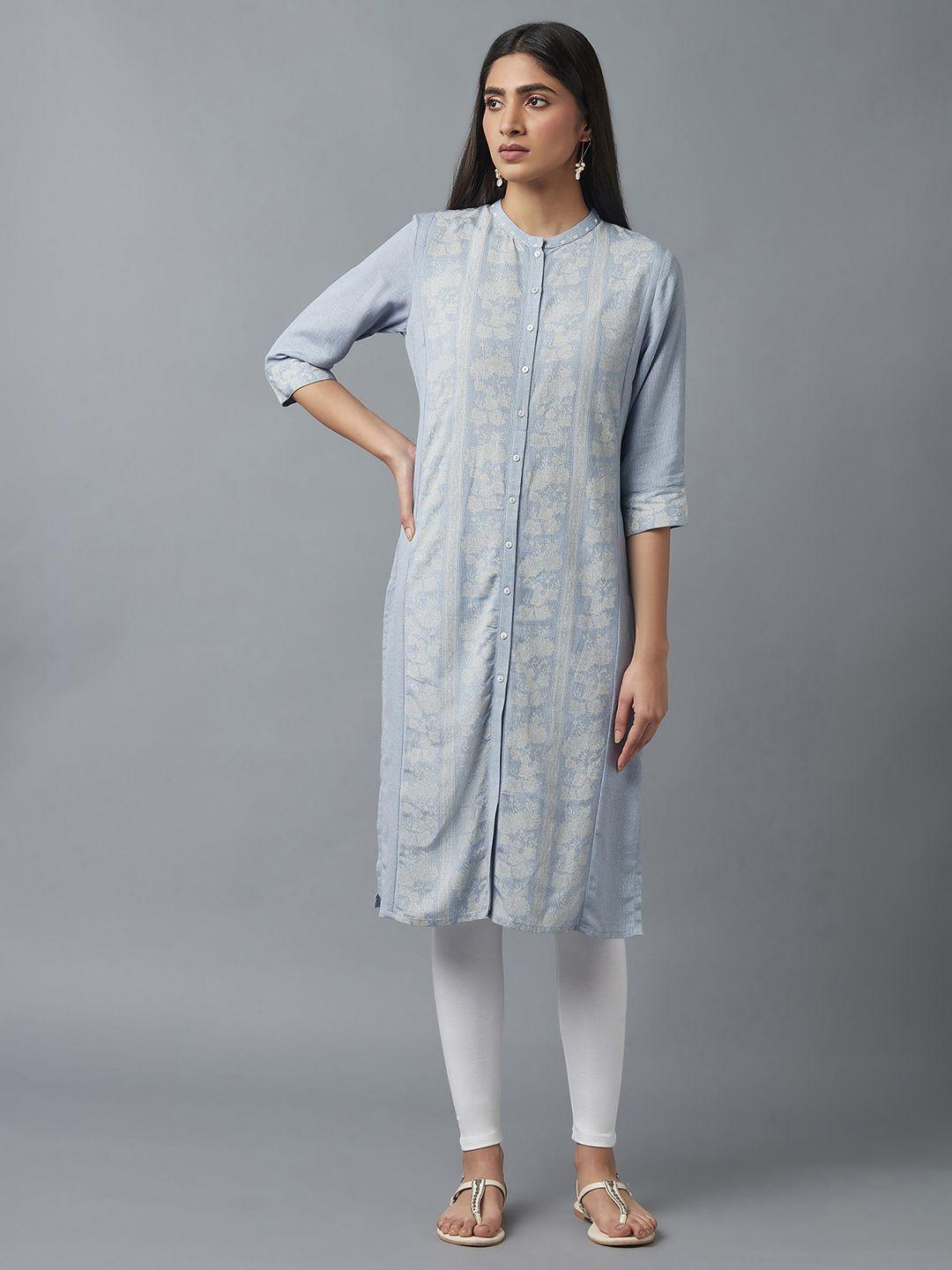 w women blue & white ethnic motifs printed thread work kurta