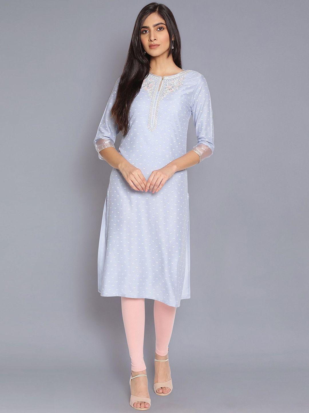 w women blue & white floral embroidered keyhole neck kurta