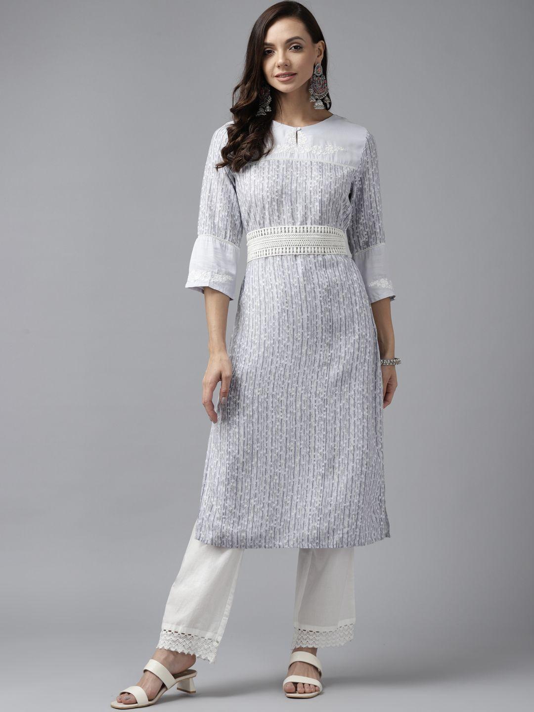 w women blue & white floral printed keyhole neck kurta with crochet belt