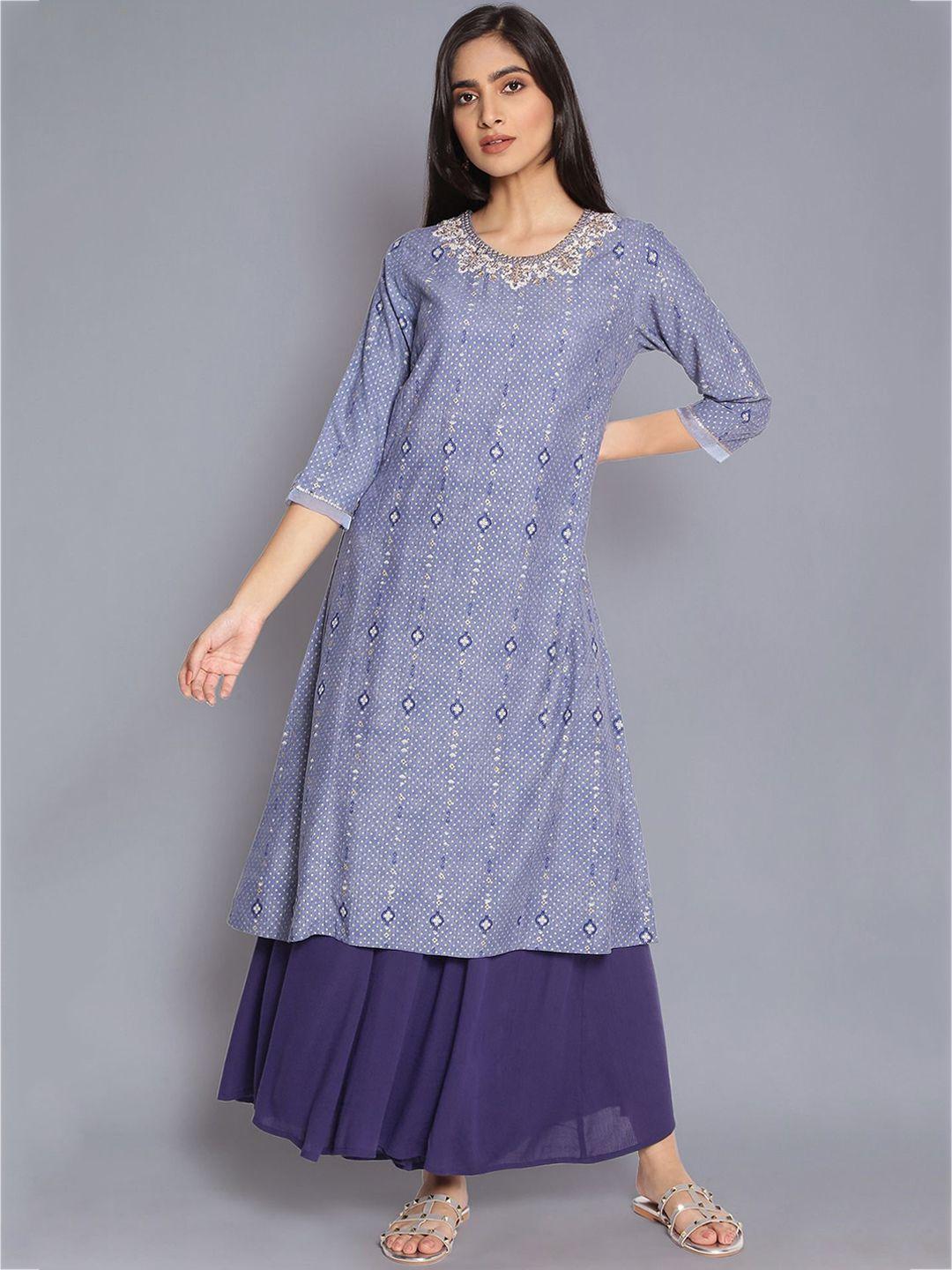 w women blue & white geometric embroidered kurta