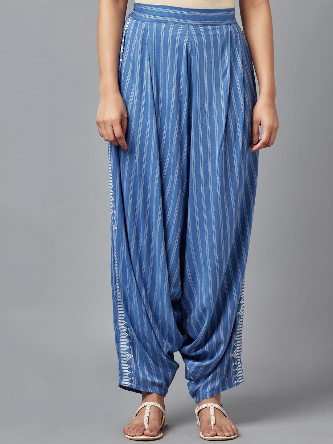 w women blue & white loose fit striped cotton linen drop crotch trousers