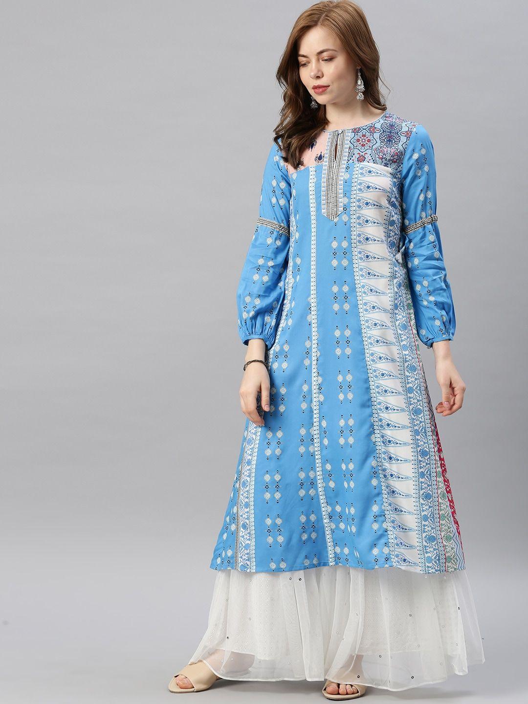 w women blue & white printed a-line sustainable kurta