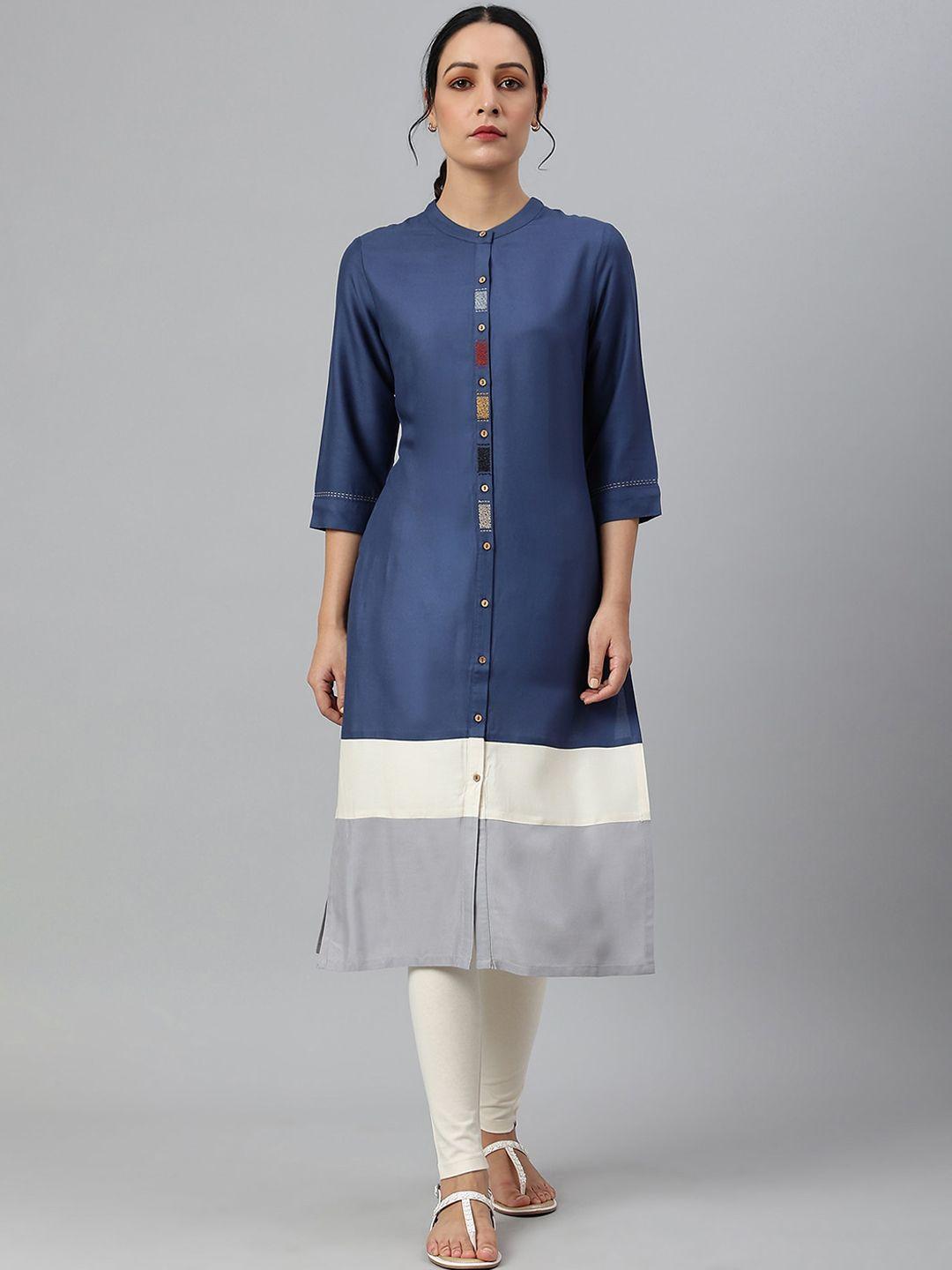 w women blue colourblocked kurta