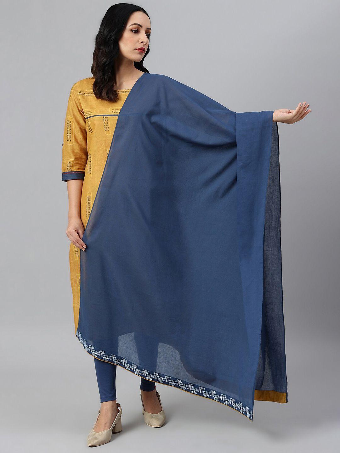 w women blue cotton dupatta with running stich embroidery