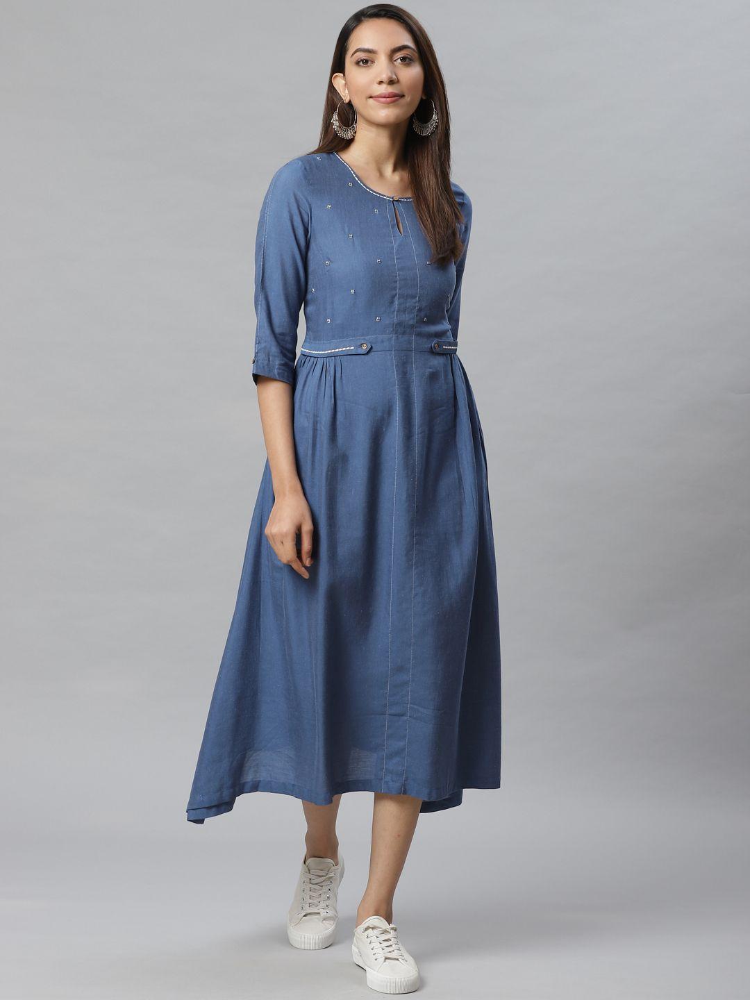 w women blue embroidered detail a-line dress