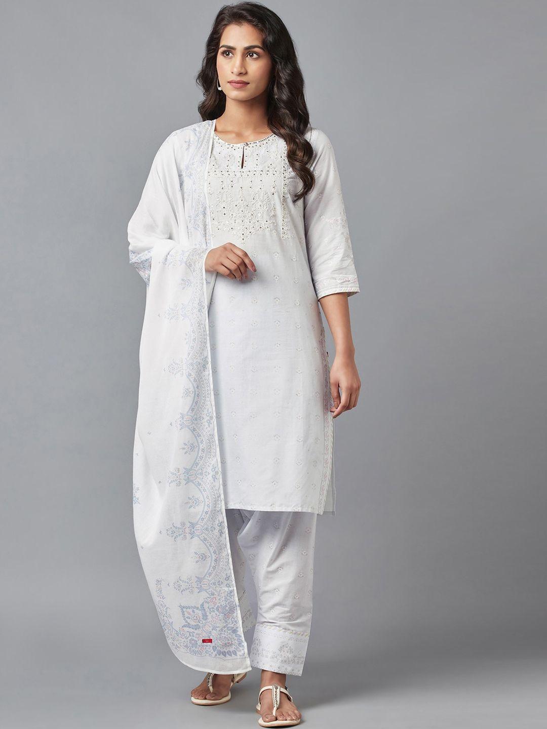 w women blue embroidered pure cotton kurta with patiala & with dupatta