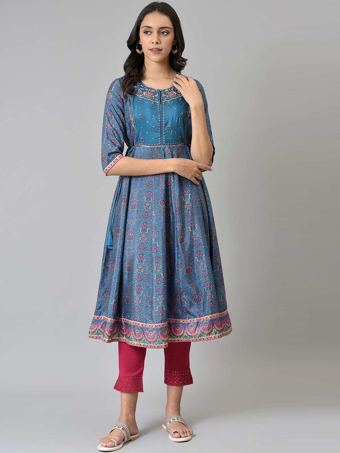 w women blue embroidered thread work floral anarkali kurta