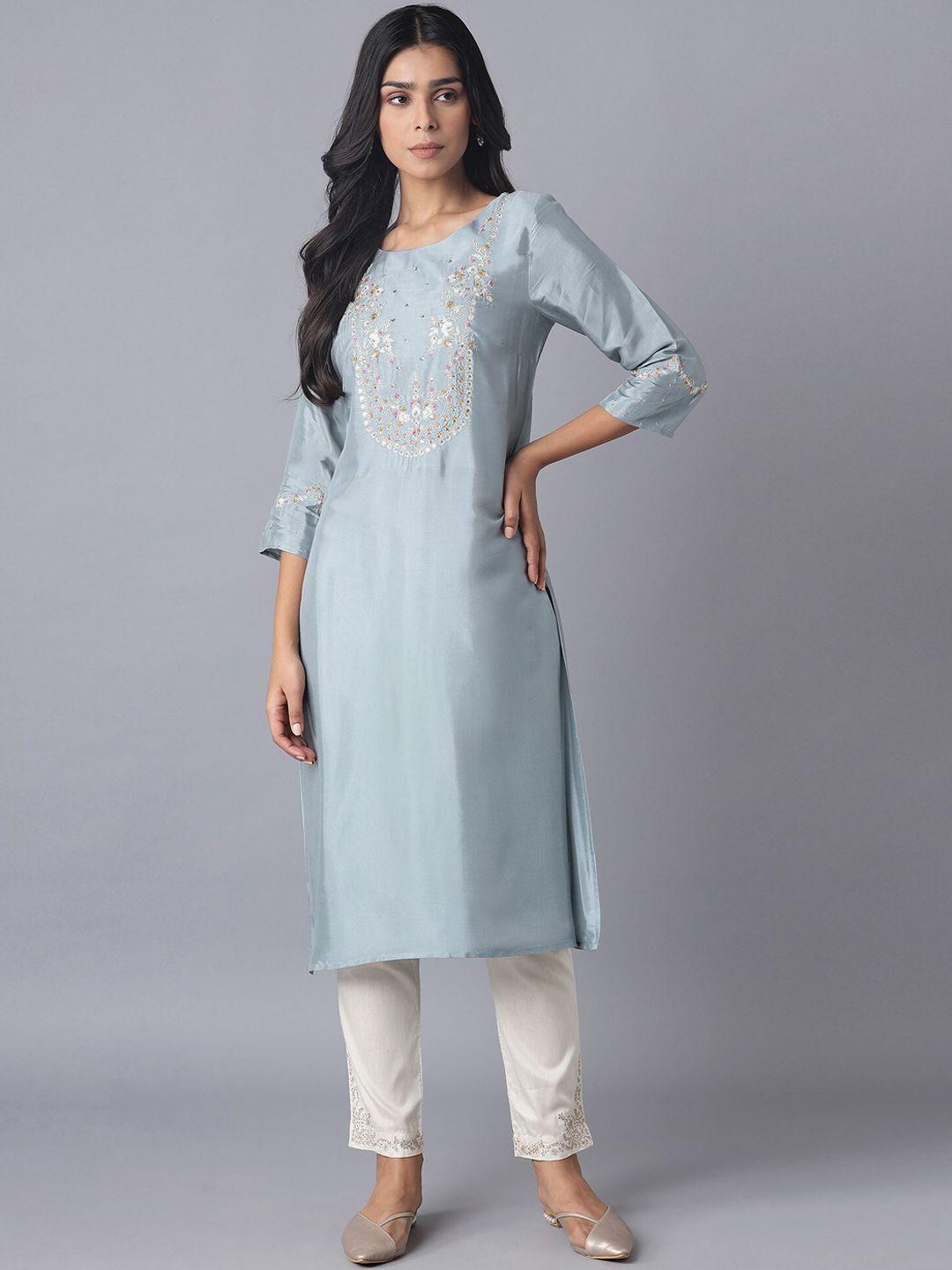 w women blue embroidered yoke design kurta