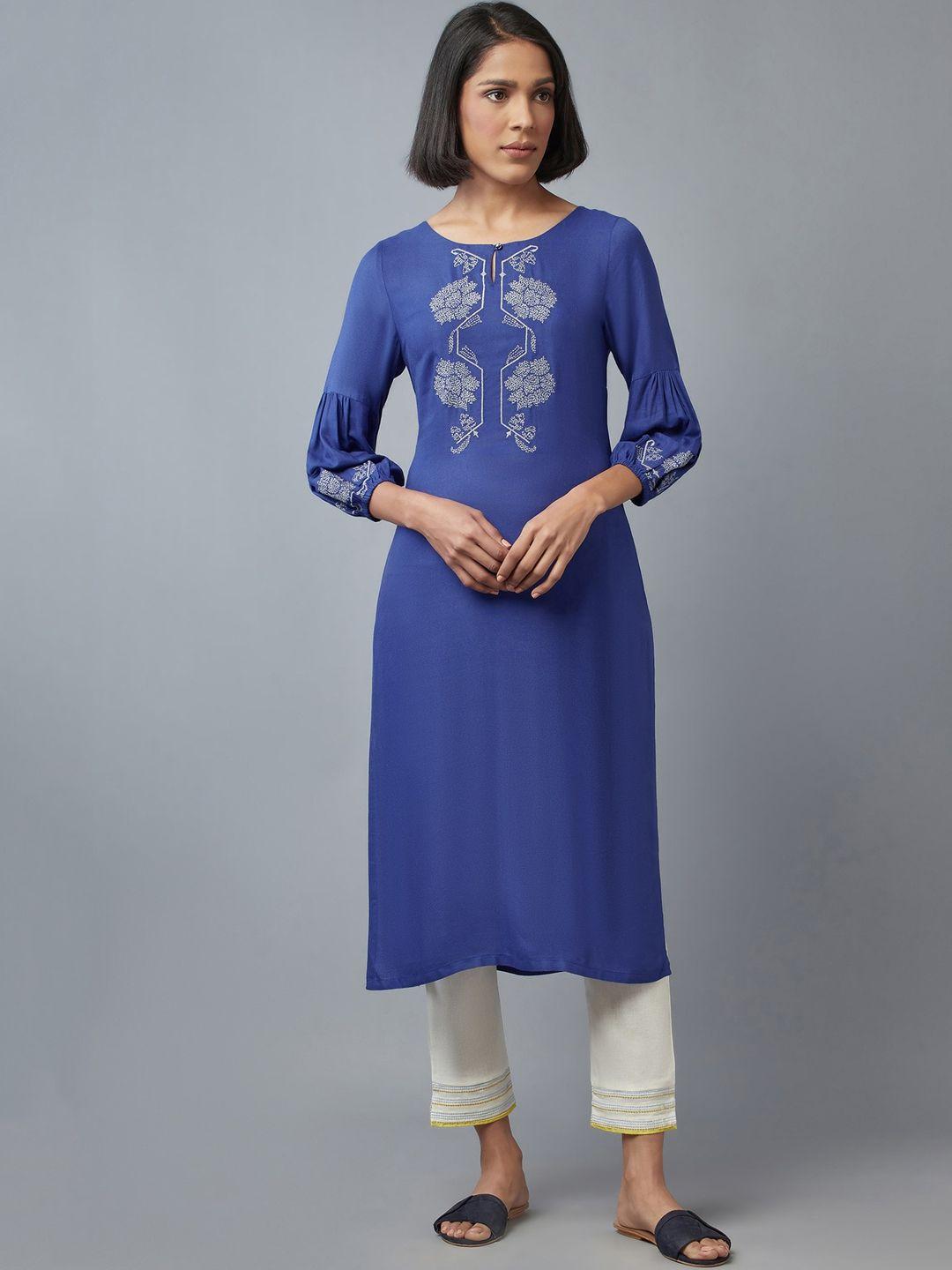 w women blue ethnic motifs embroidered thread work kurta