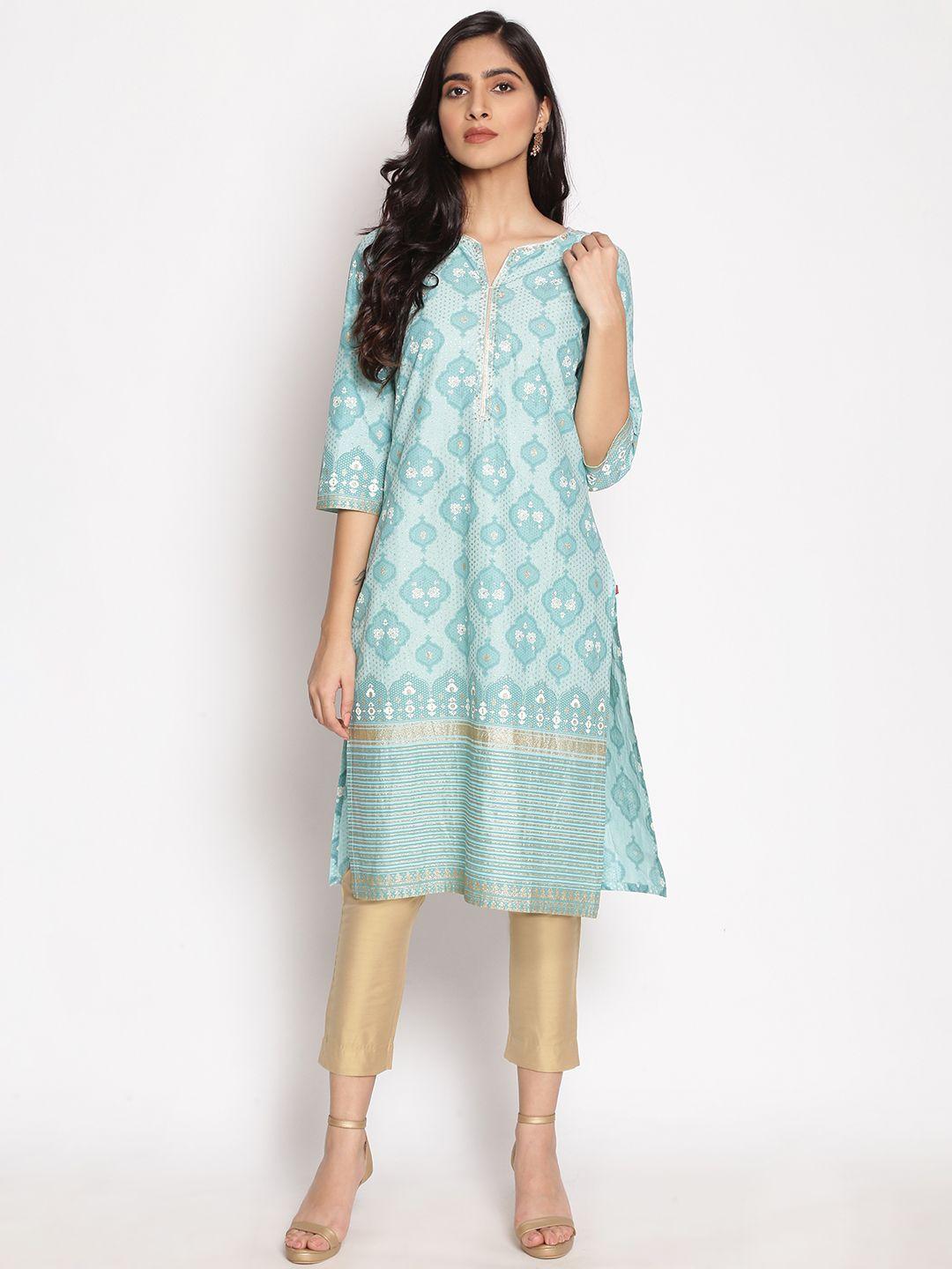 w women blue ethnic motifs printed kurta