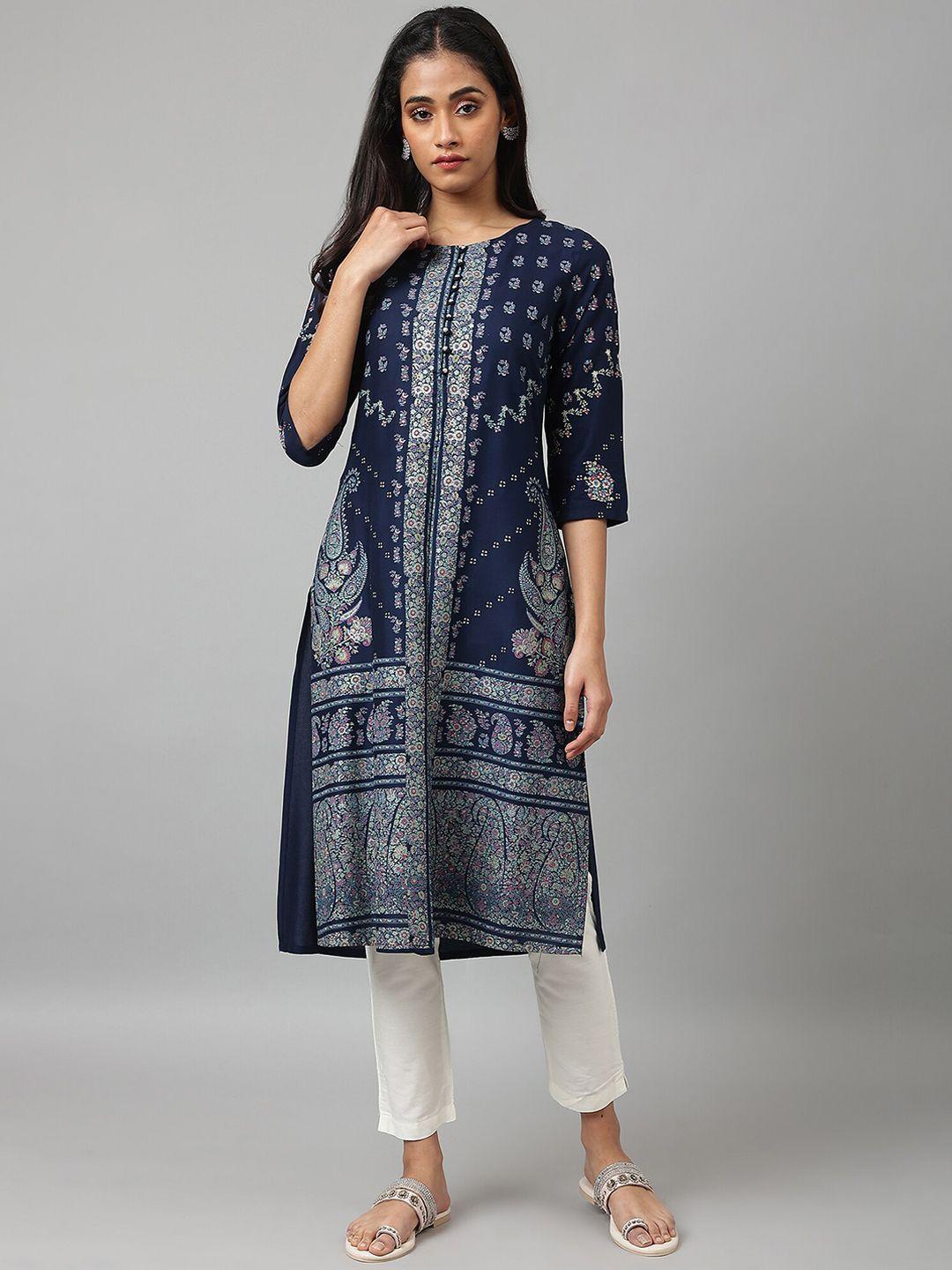 w women blue ethnic motifs printed kurta