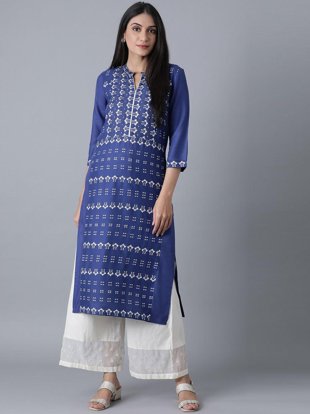 w women blue ethnic motifs printed kurta