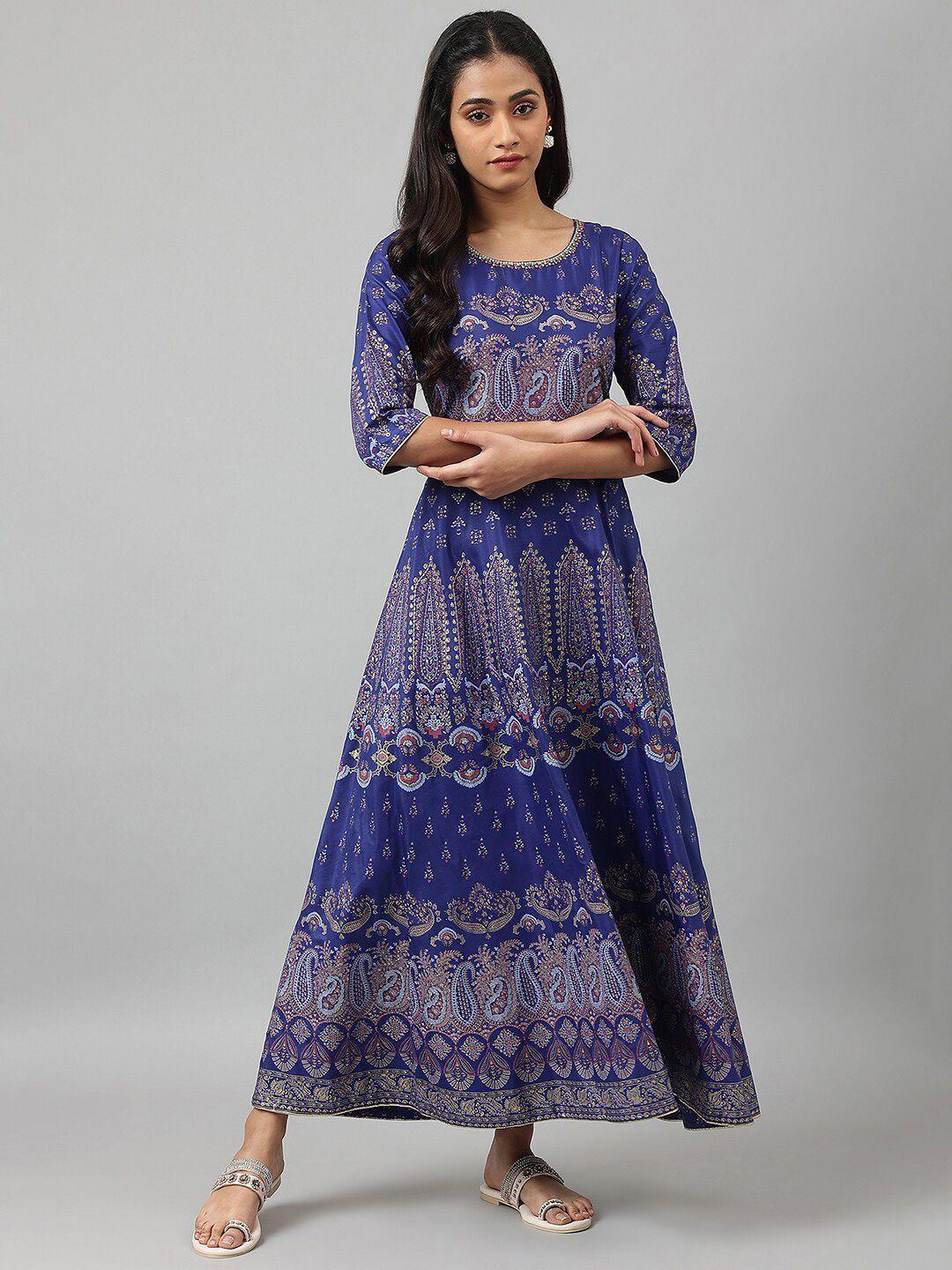 w women blue ethnic motifs printed maxi dress