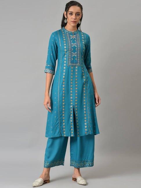 w women blue festive geometric print rayon kurta with parallel pant