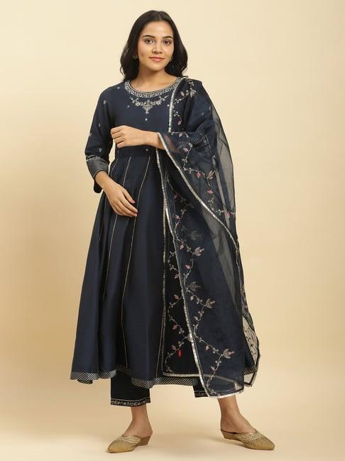 w women blue festive solid rayon kurta with straight pant & dupatta