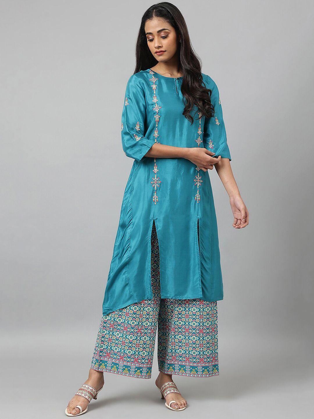 w women blue floral embroidered kurta with trousers