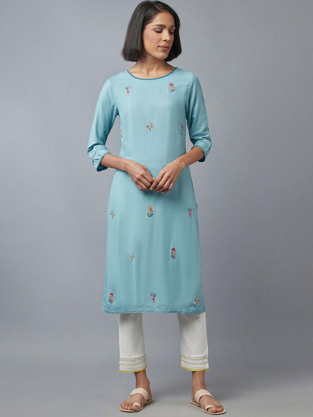 w women blue floral embroidered kurta