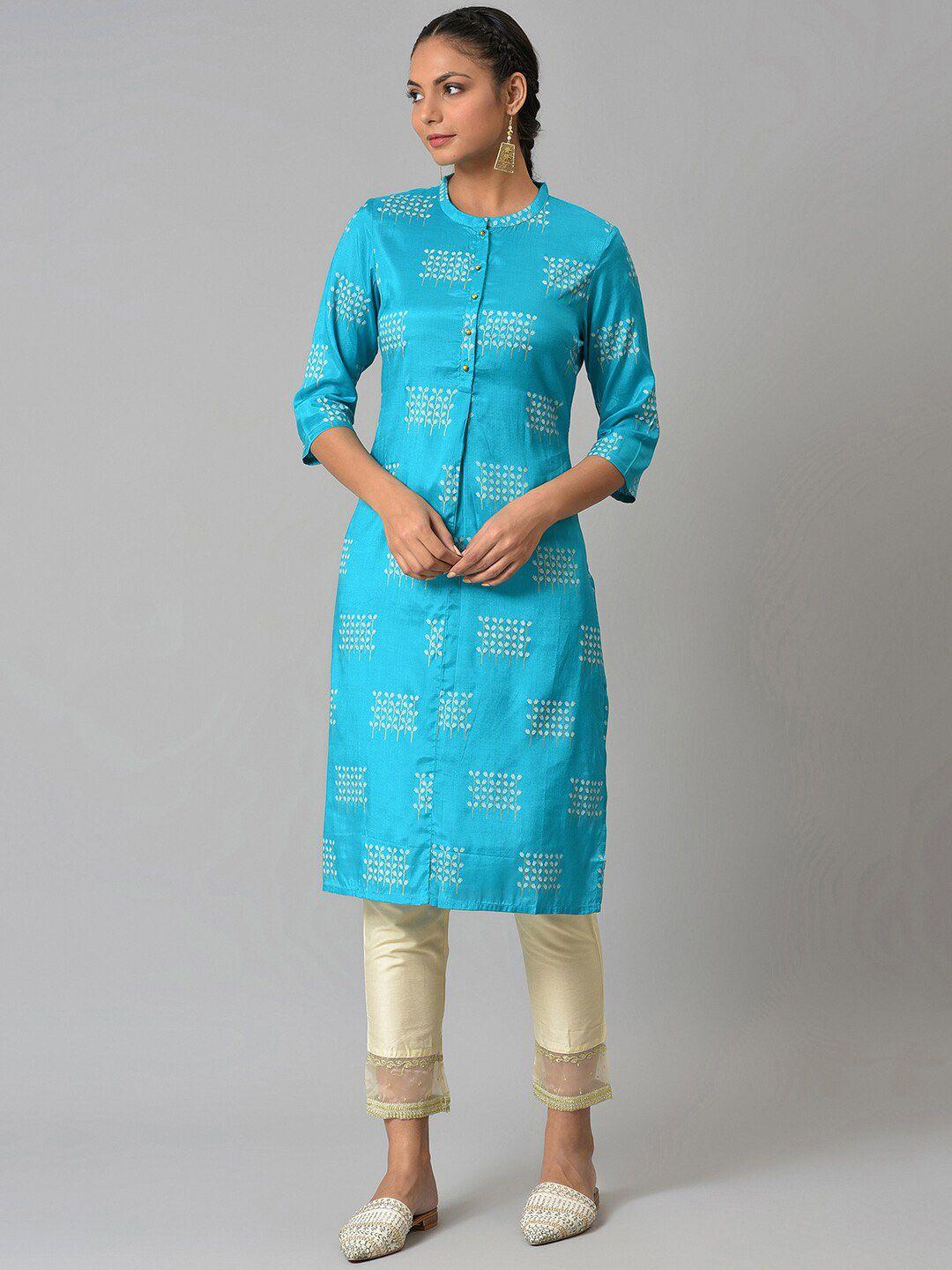 w women blue floral printed handloom kurta