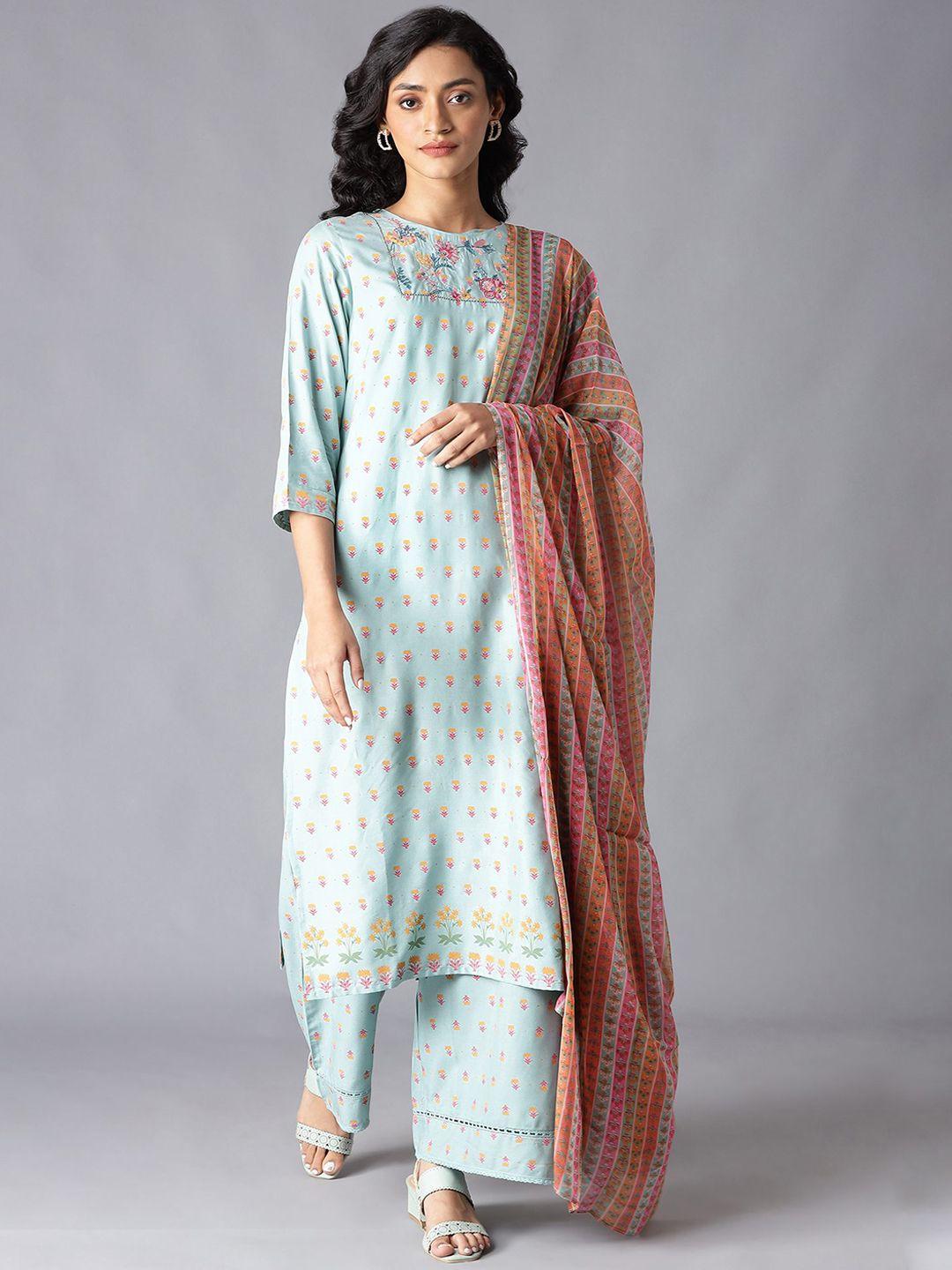 w women blue floral printed kurta with palazzos & with dupatta