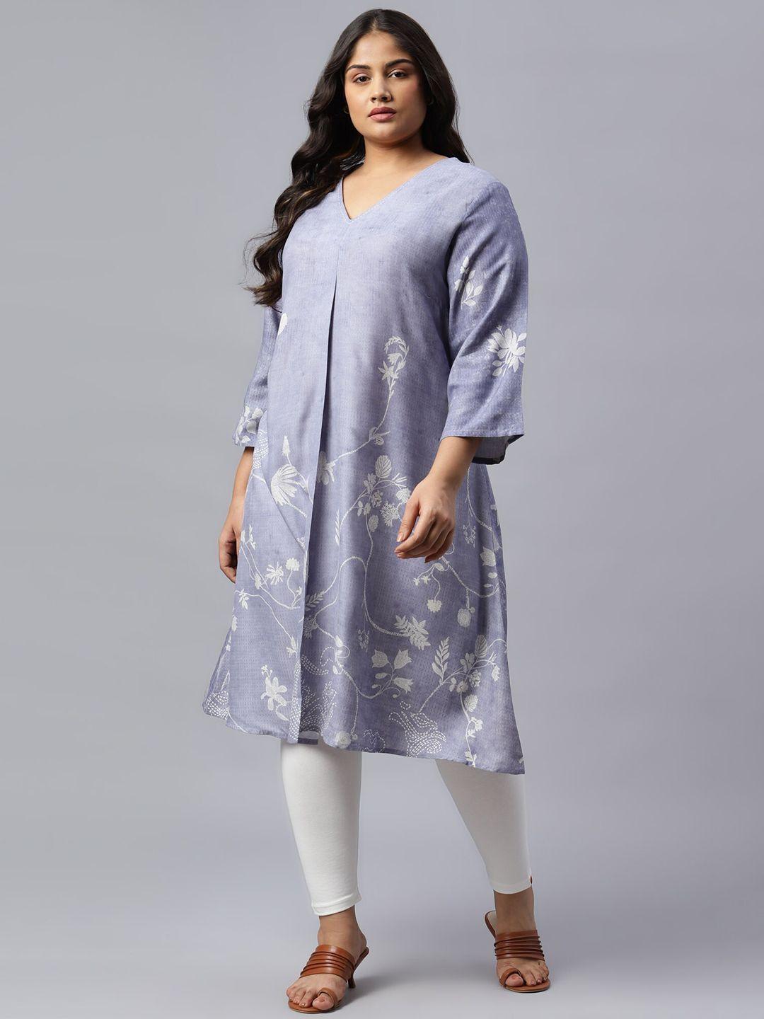 w women blue floral printed thread work floral handloom kurta