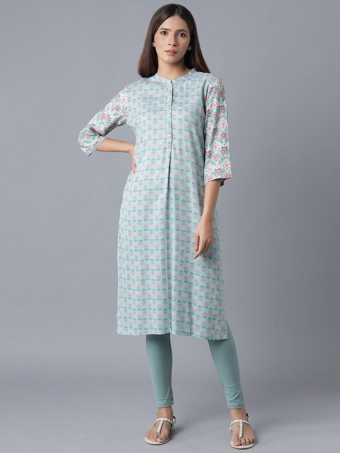 w women blue geometric checked flared sleeves thread work kurta