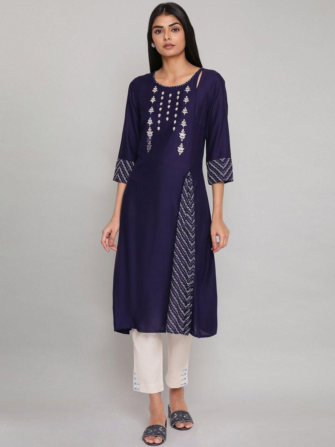 w women blue geometric embroidered thread work kurta