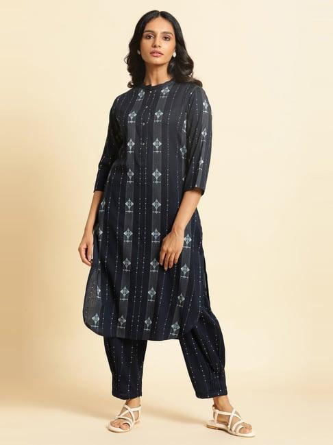 w women blue geometric print cotton blend kurta with straight pant