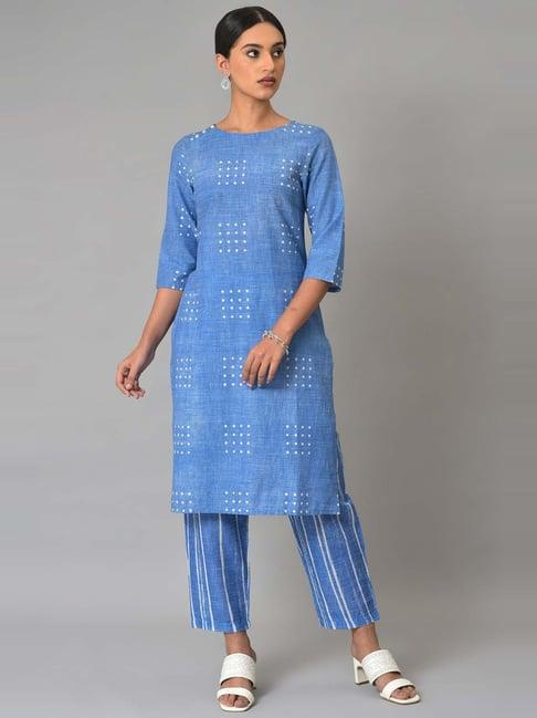 w women blue geometric print cotton co-ord kurta set with slim pant