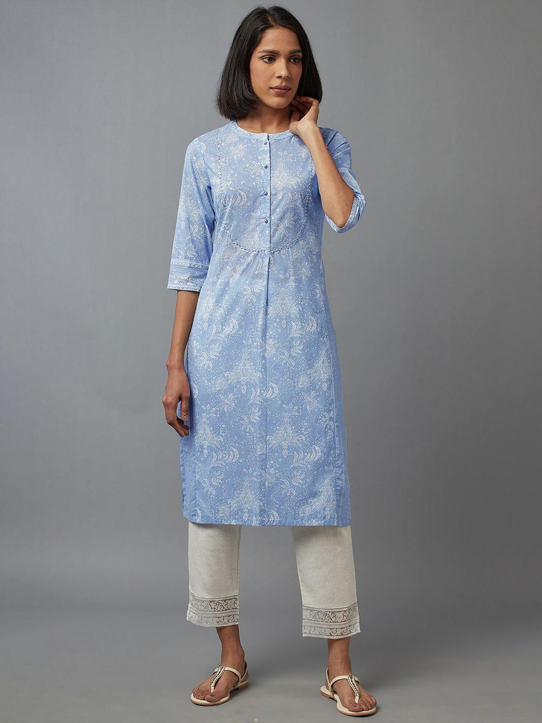 w women blue geometric printed straight kurta