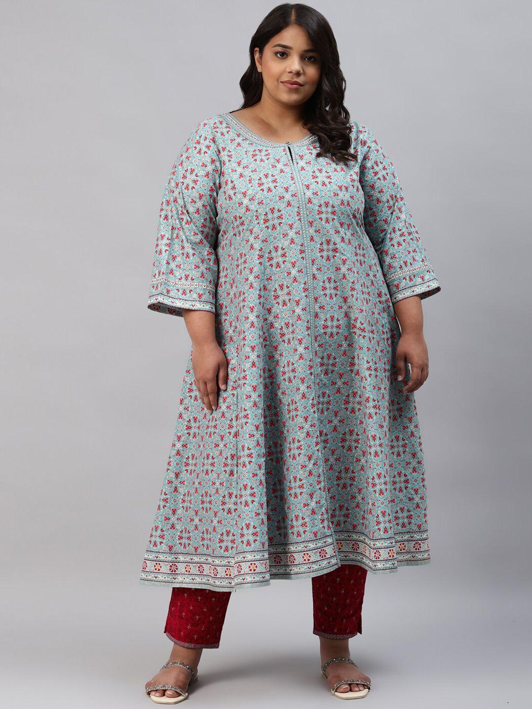 w women blue plus size ethnic motifs printed anarkali kurta