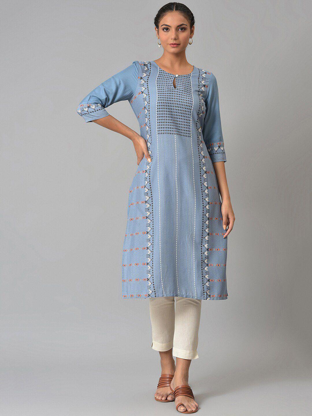 w women blue printed kurta with trousers