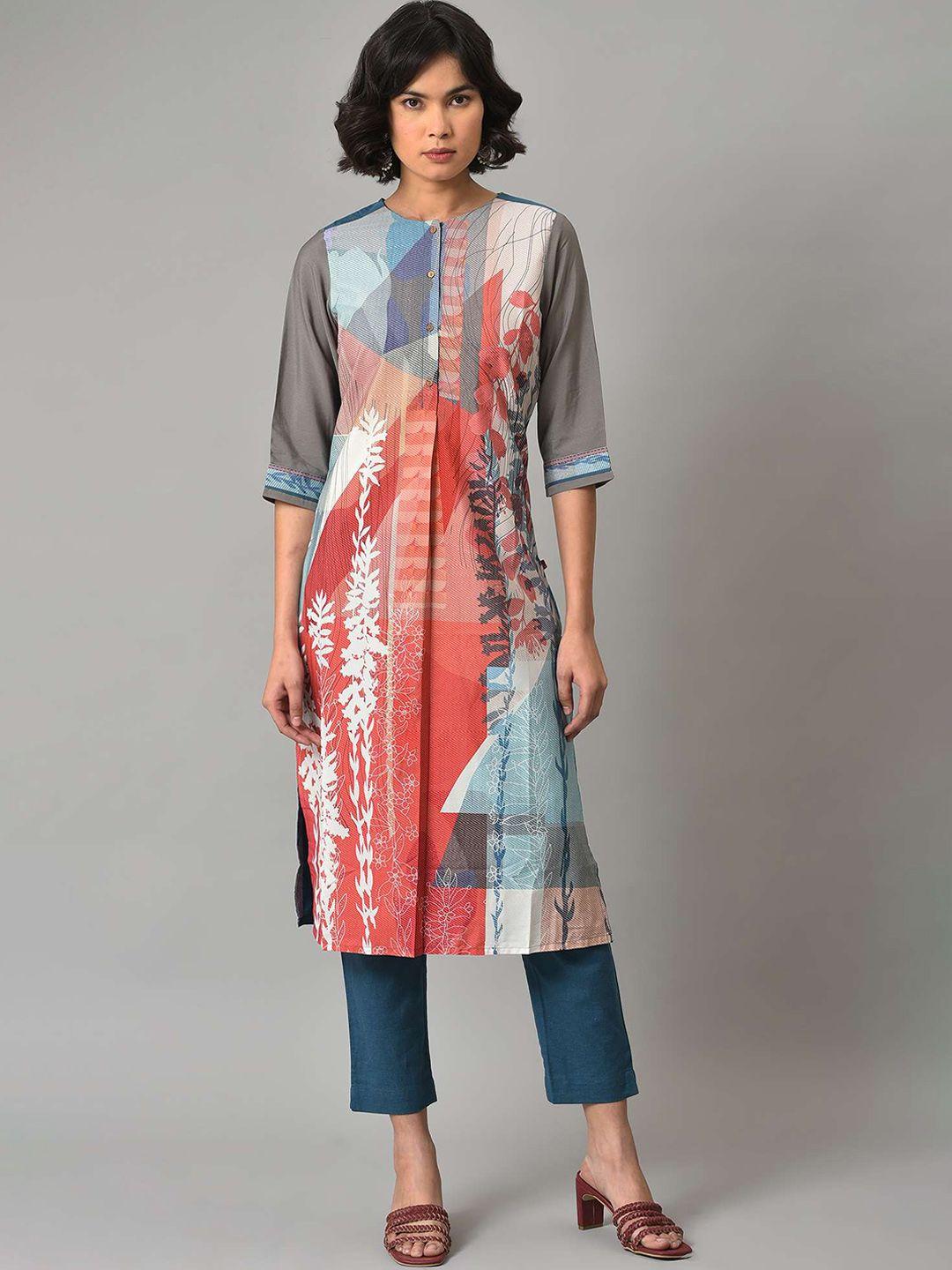 w women blue printed kurta with trousers