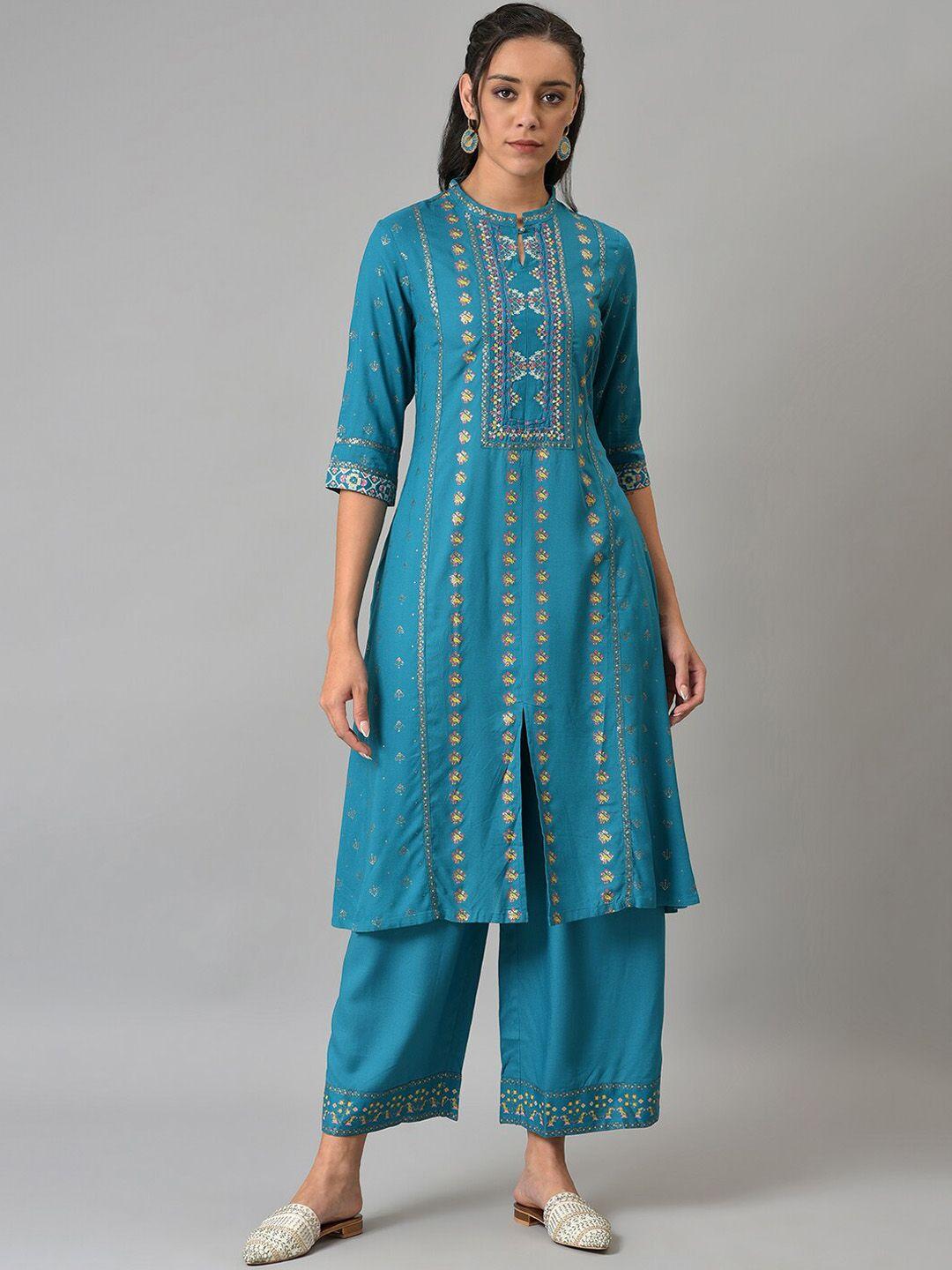 w women blue printed panelled kurta with trousers