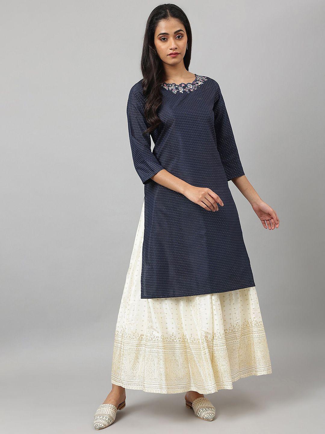 w women blue printed thread work kurta