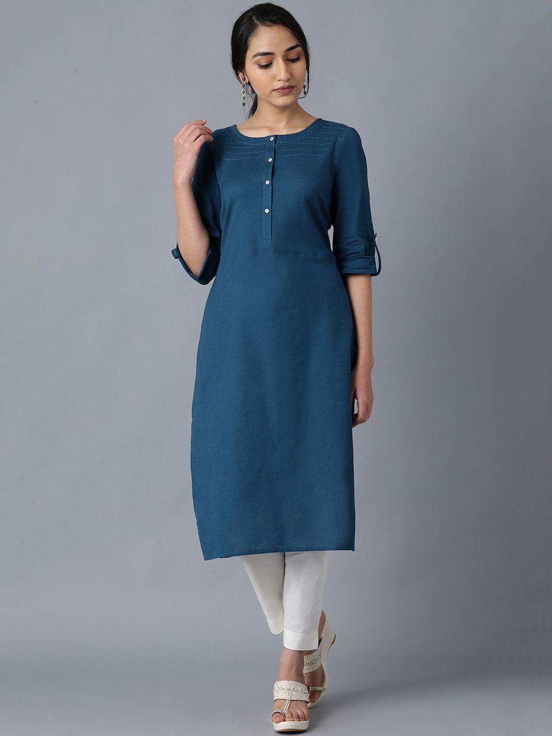 w women blue solid straight kurta