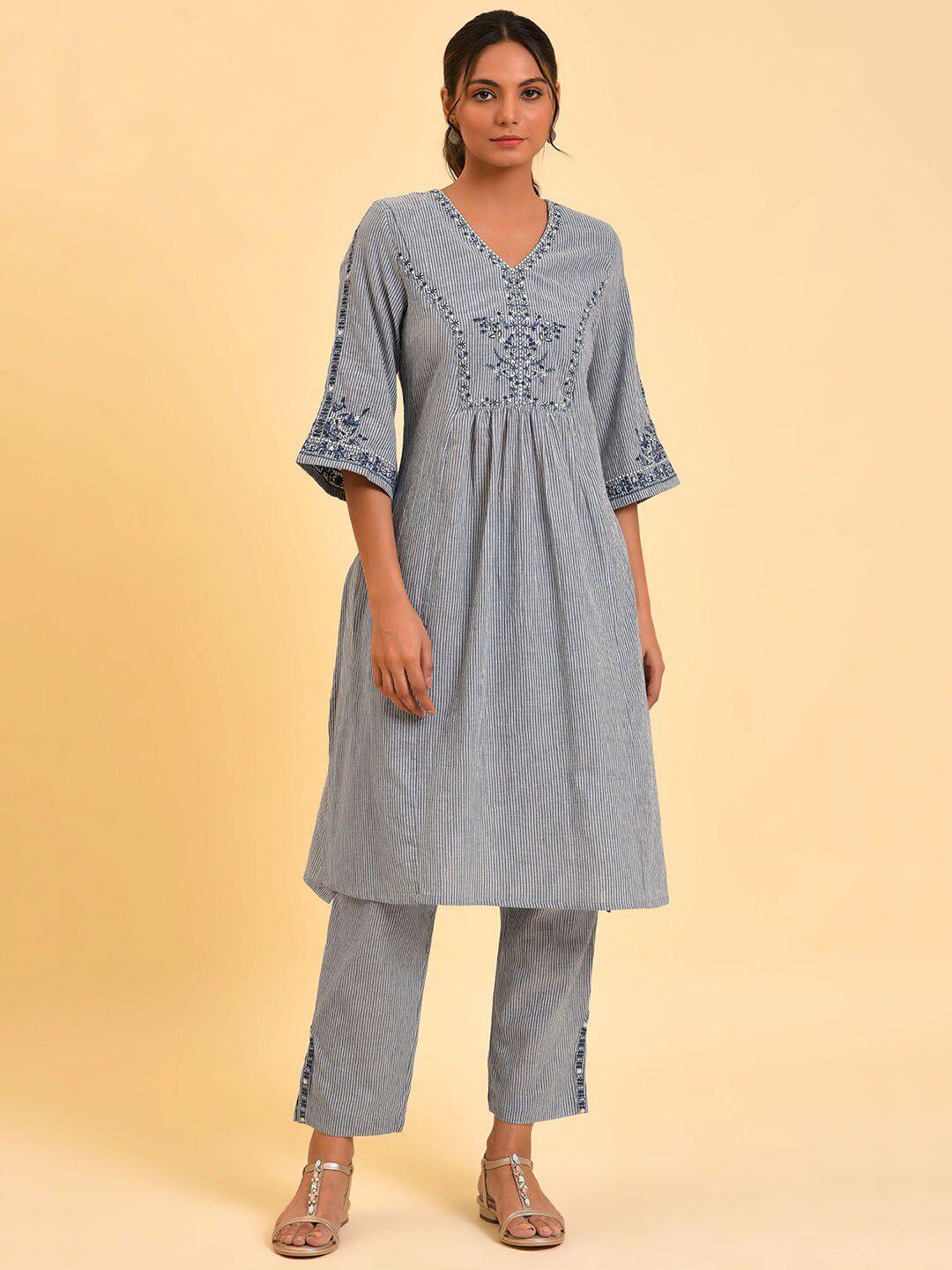 w women blue striped regular thread work pure cotton kurta with trousers