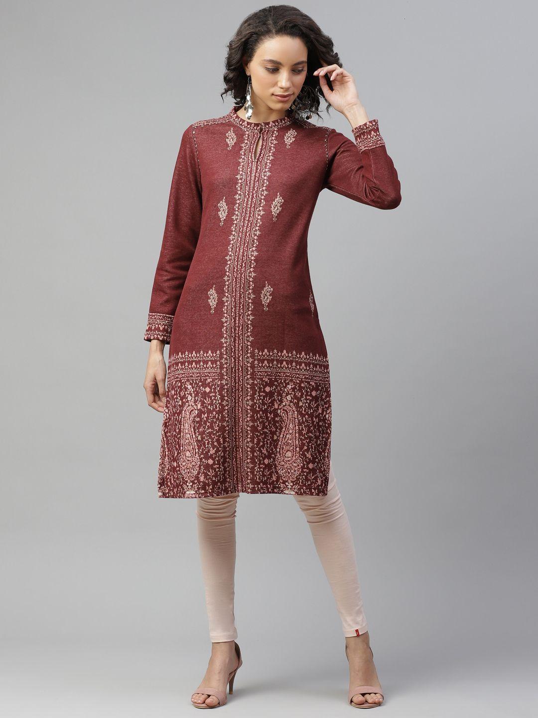 w women brown & cream-coloured ethnic motifs printed keyhole neck kurta