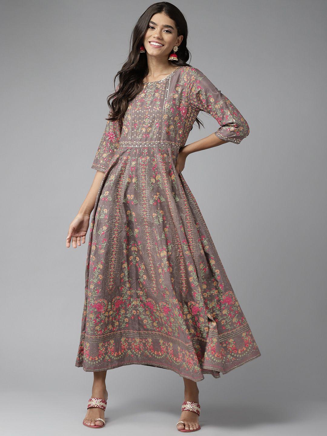 w women brown & pink ethnic motifs printed a-line maxi dress