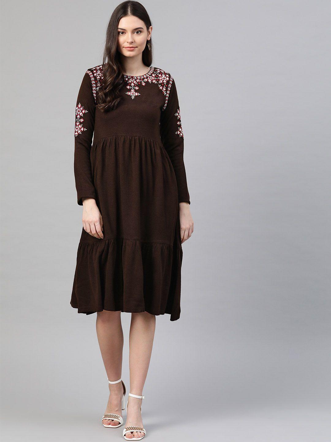 w women brown embroidered detail a-line winter dress