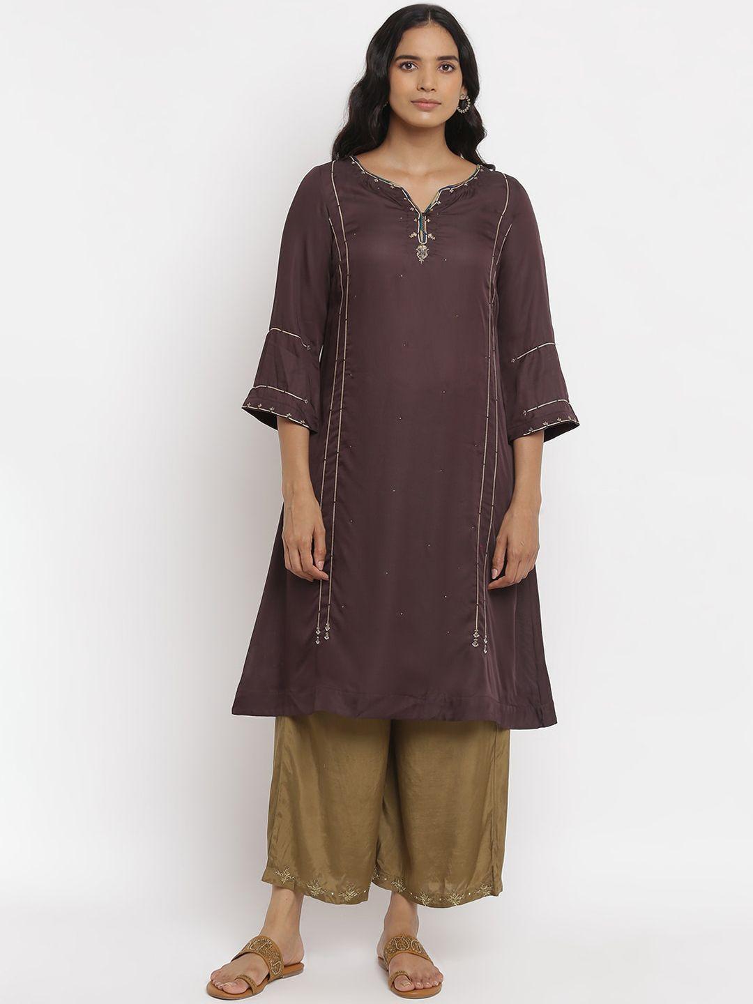 w women brown flared sleeves thread work asymmetric kurta