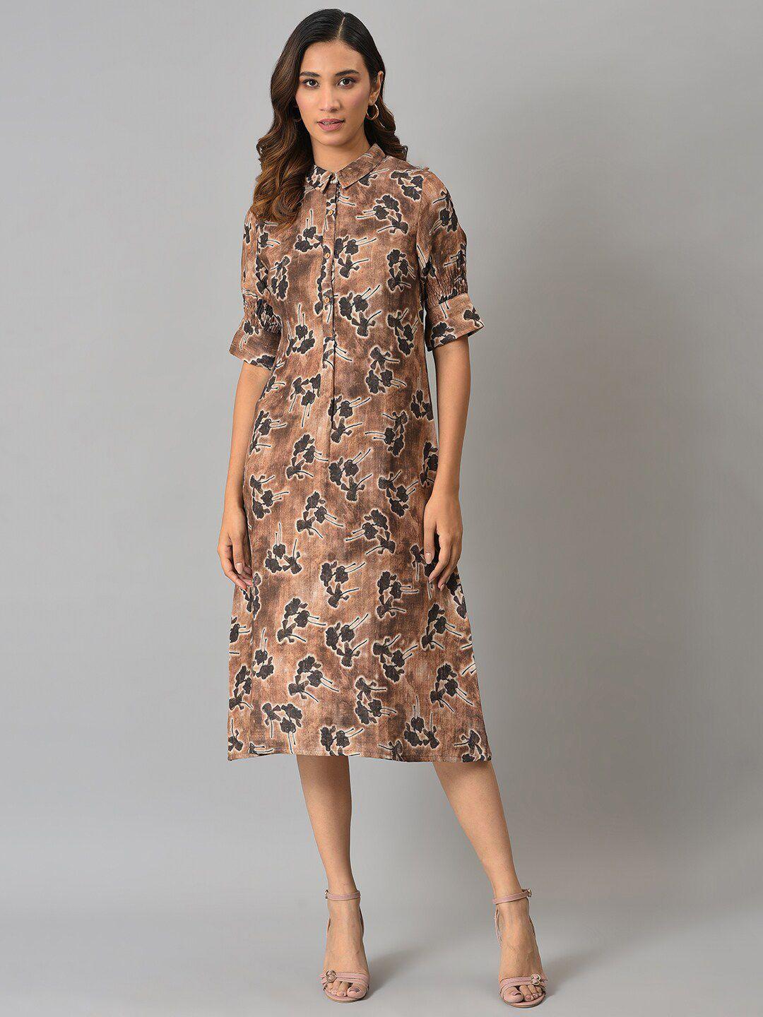 w women brown floral printed pure cotton shirt midi dress