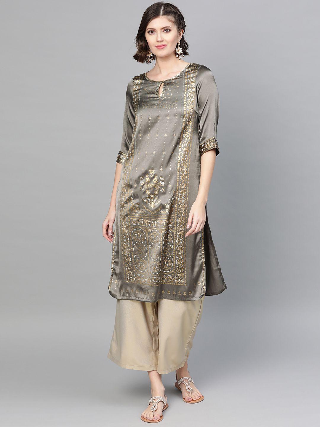 w women charcoal grey & golden satin finish floral print straight kurta