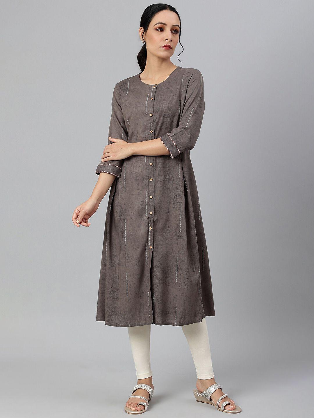 w women charcoal grey button down pleated kurta