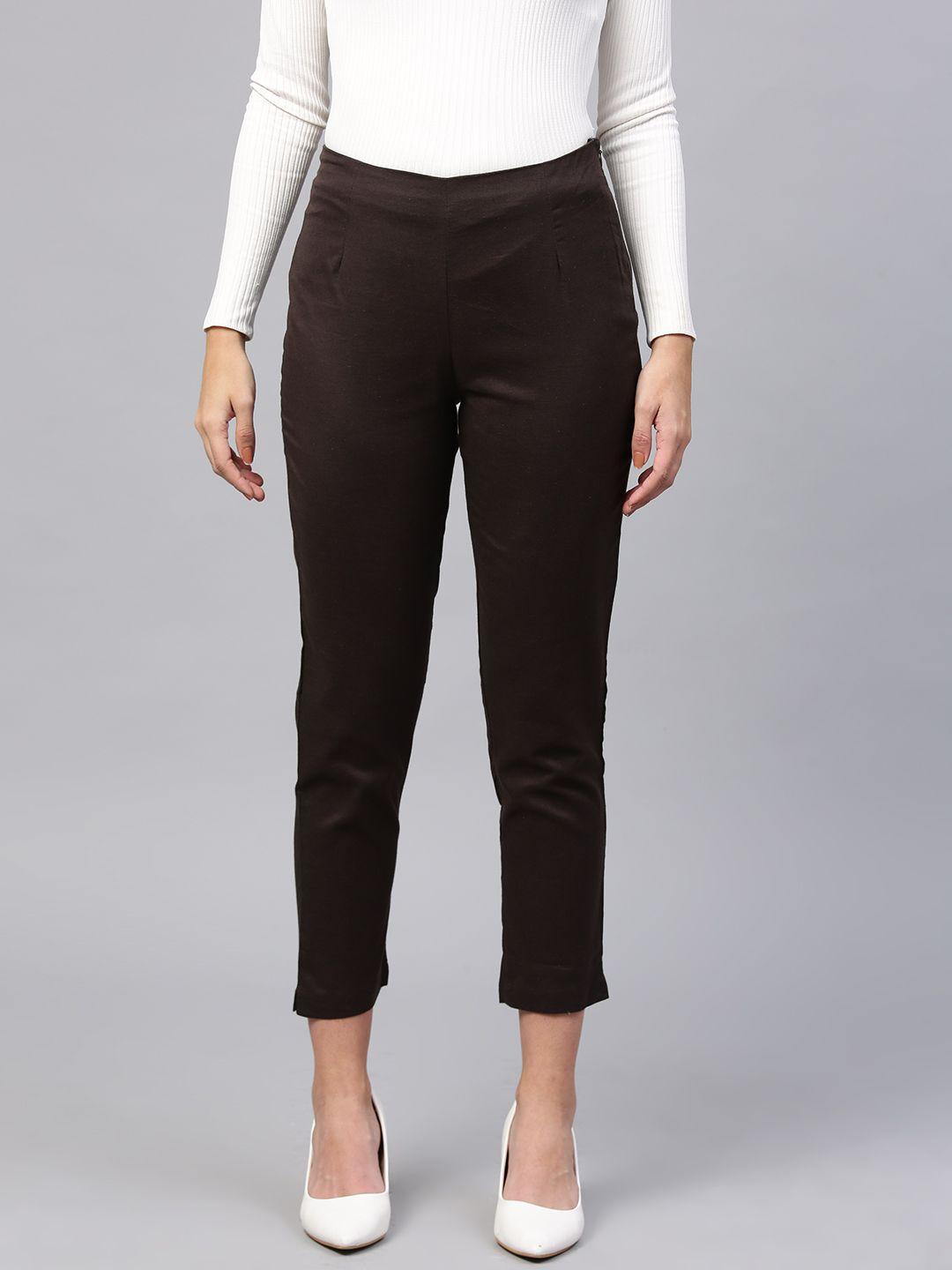 w women coffee brown slim fit solid cropped cigarette trousers