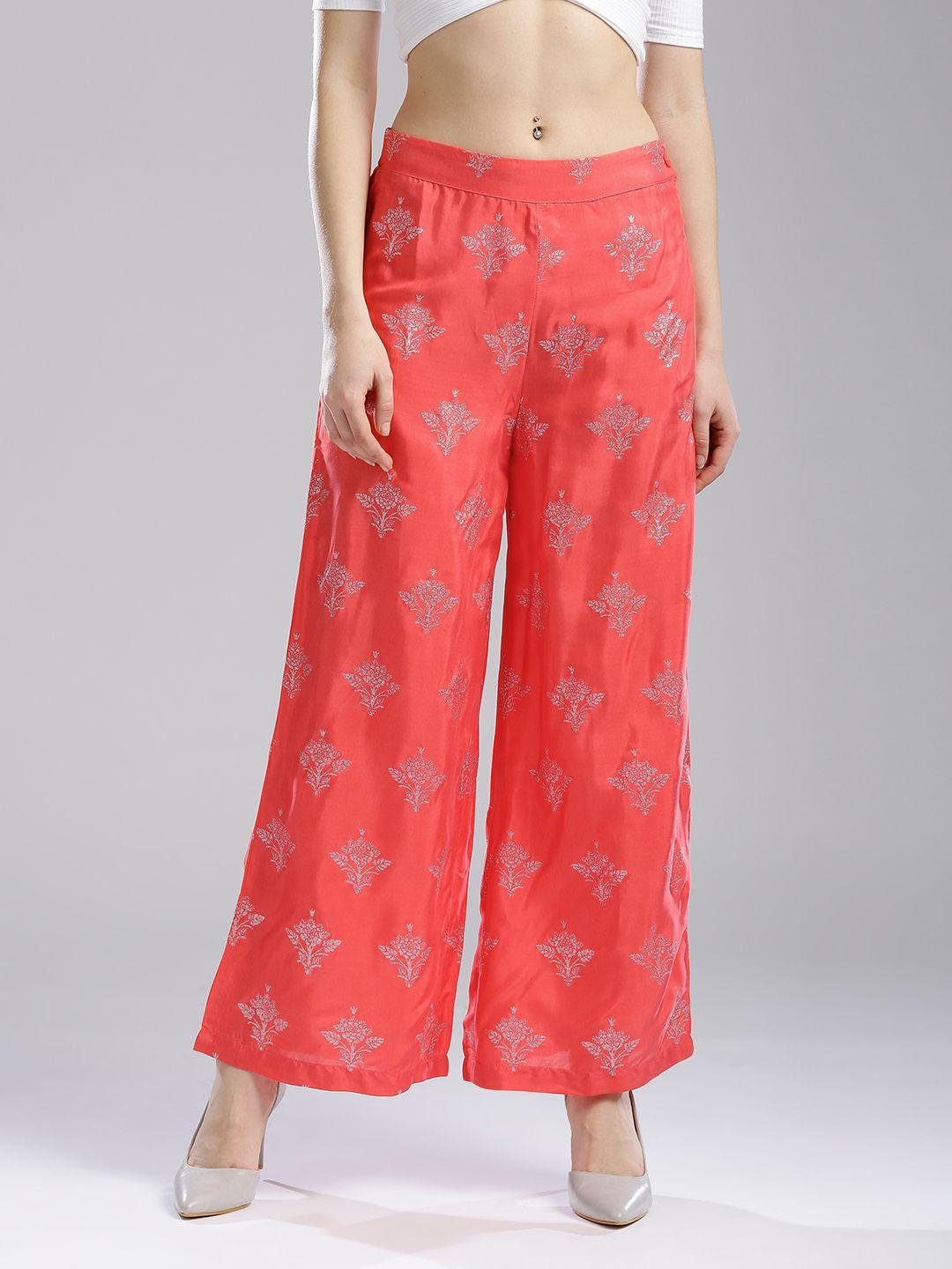 w women coral orange regular fit self design parallel trousers