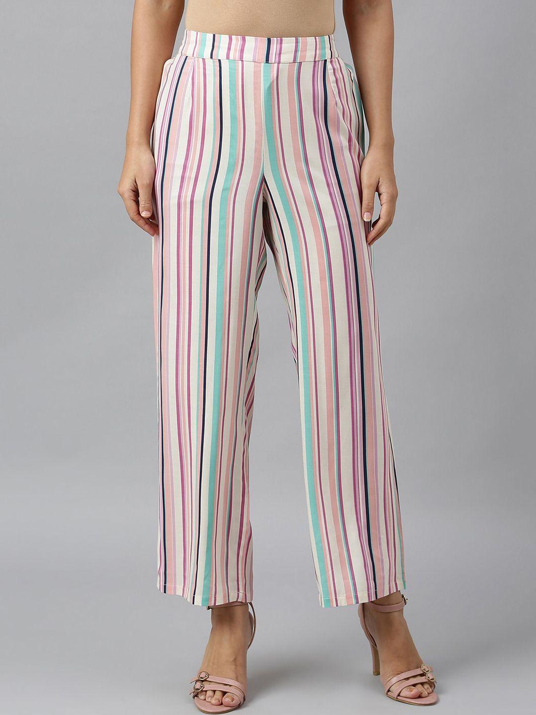 w women cream-colored striped pleated trouser