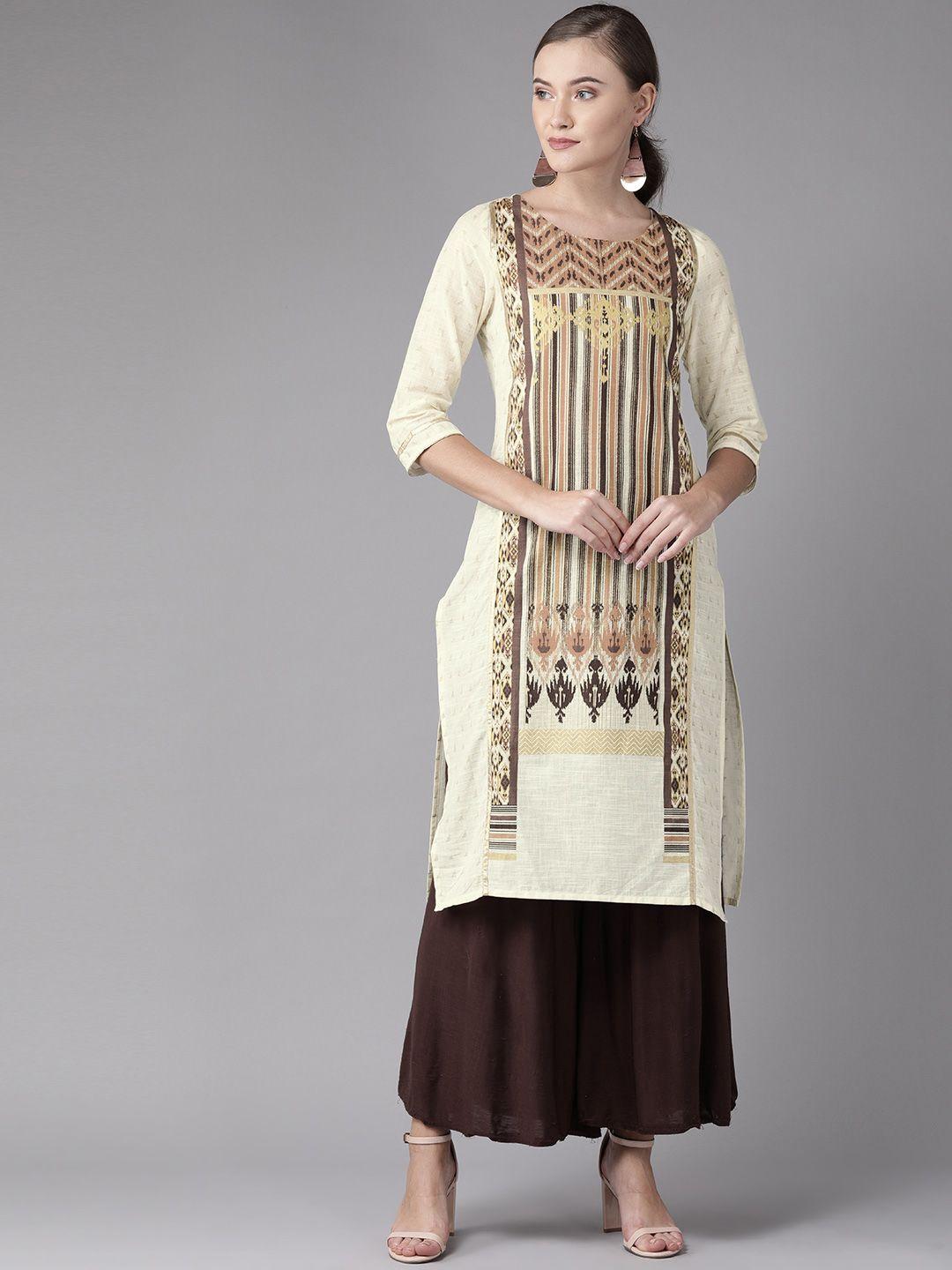 w women cream-coloured & brown printed straight kurta