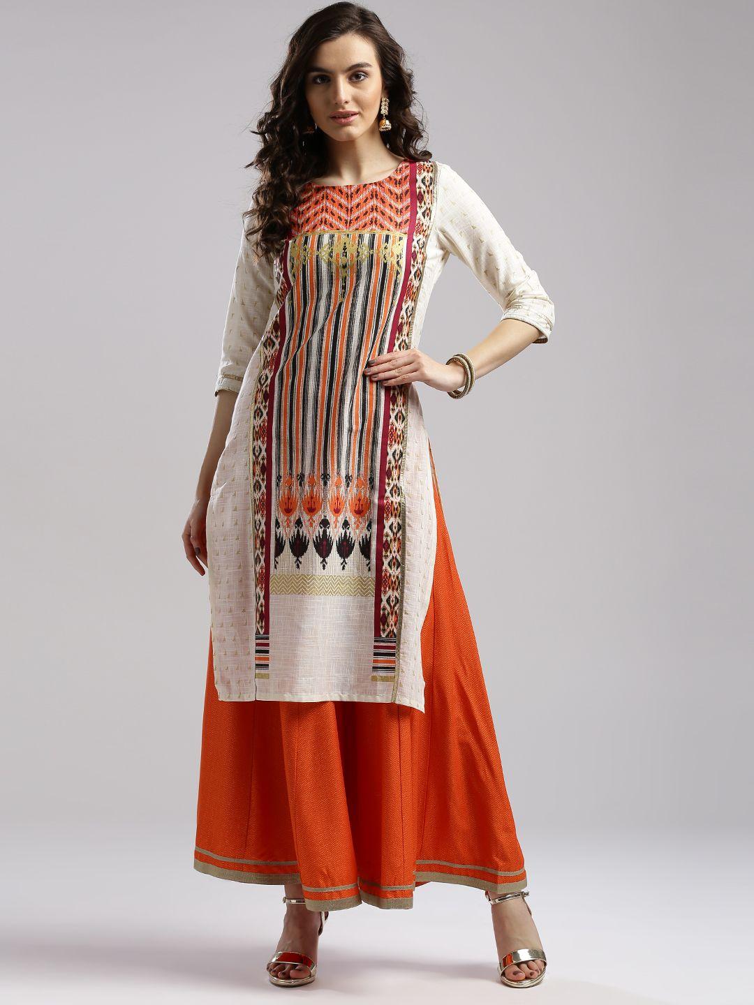 w women cream-coloured & orange printed straight kurta