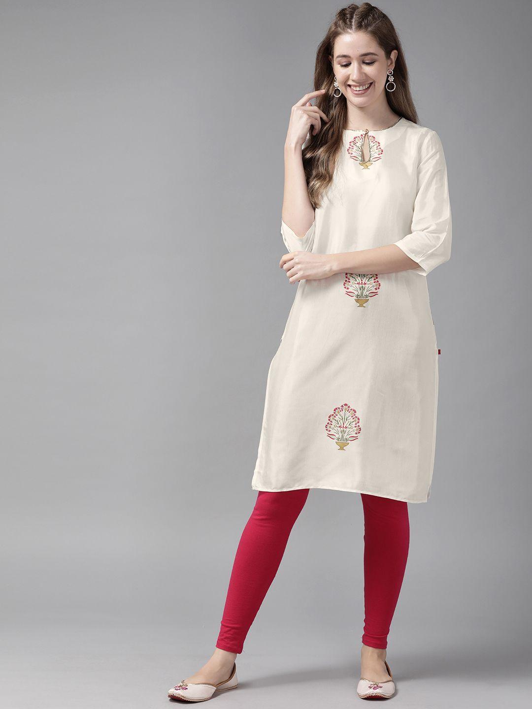 w women cream-coloured ethnic motifs printed keyhole neck kurta